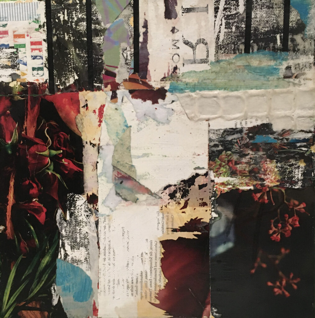 paradies lost - 30 cm x 30 cm - Collage unter Wachs auf Duorahmen - 2025